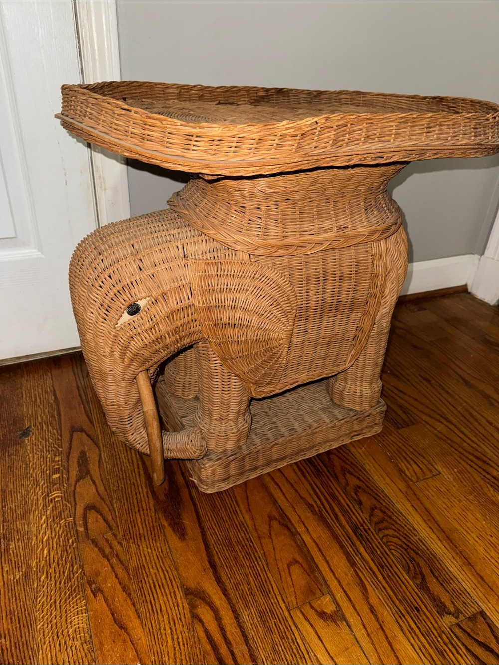 Vintage 1960s Handbraided Rattan Wicker Elephant Side Table With Removable Top